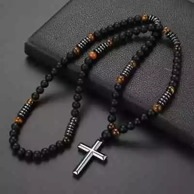 Necklaces Men's 8mm Matte Black Beads Natural Stone Yellow Tiger Eye With Cross • $11.95