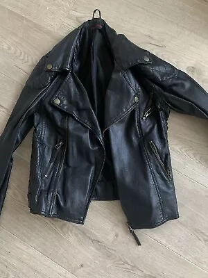 Miss Selfridge Black Faux Leather Jacket Size 8 Biker Zip  • £9.99