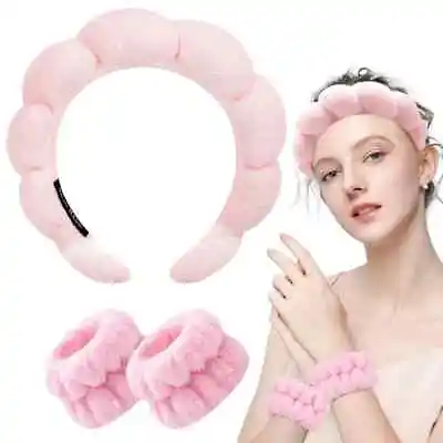 Pink Make Up Headband & Wristbands Set Soft Sponge Padded Facewash Skin Care Spa • £6.75