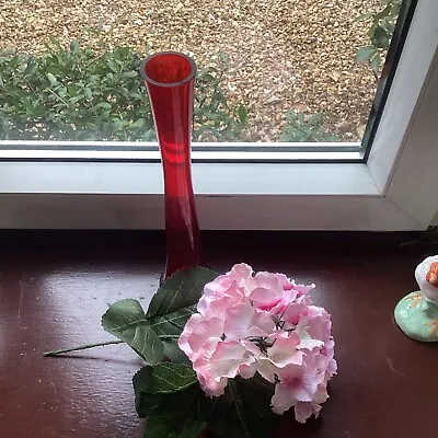 Hydrangea Flower Stem In Red Blown Glass Vase Flower Artificial Tall Vase • £8