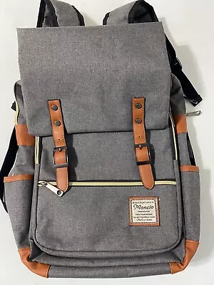 Vintage Wenjie Gray Canvas Brown Trim Laptop Rucksack 18 Backpack Travel/School  • $15.95