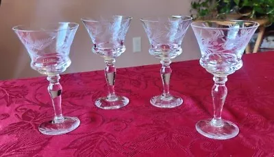 4pc Set Vintage Cut Glass Elegant Wine Glasses Stemware Beautiful Design S-51 • $12