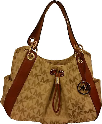 Michael Kors Signature Jacquard Ludlow Large Shoulder Bag In Beige / Camel • $192