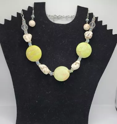 Vintage Jewelry Set Necklace Earrings Stones Beads Green Ivory 16  2  Extension • $15