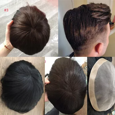 Durable Mens Toupee Human Hair Replacement System Fine Mono Poly Skin Hairpiece • $98.94