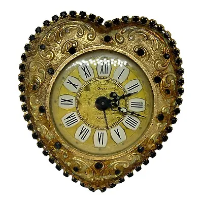 Scarce Vintage Gruber Brass Rhinestone Heart Shaped Wind Up Alarm Clock • $127.49