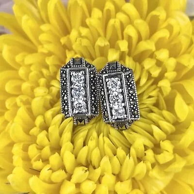 Vintage Art Deco Sterling Silver Marcasite Shield Earrings Estate Diamond CZ 925 • $44