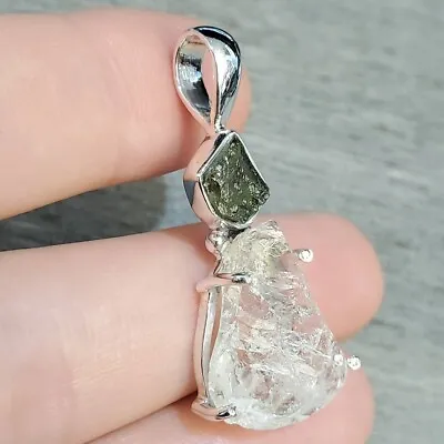 Big Herkimer Diamond & Natural Moldavite Sterling Silver Gemstone Pendant • $30.60