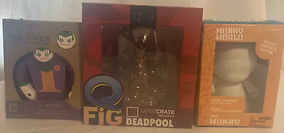 Lot Of (3) Loot Crate Exclusives - Deadpool The Joker(wooden)& Munny World. EUC • $27.99