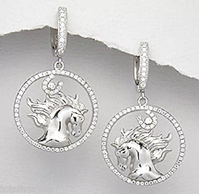 1.5  Solid Sterling Silver Sparkly Czs Bowing Horse Huggies Dangle Earrings 7.8g • $80.99