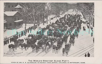 Waterbury Conn CT - DOZENS HORSE DRAWN SLED SCHOOL SLEIGH PARTY - Postcard • $10