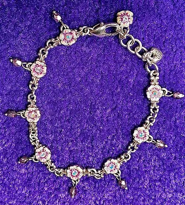 Brighton Forget-me-not Enamel Flower+ab Swarovski Silver Bracelet Vg/vg+✨vintage • $37.80