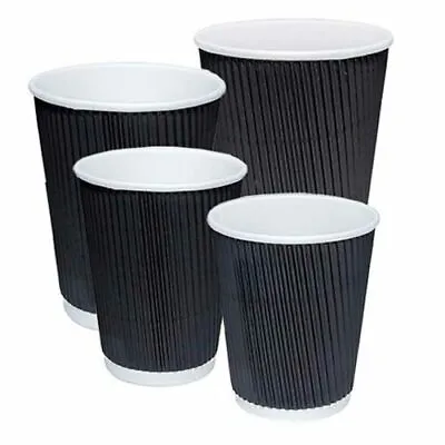 8/12/16oz BLACK STRONG RIPPLE DISPOSABLE PAPER COFFEE CUPS FOR HOT DRINKS & LIDS • £7.99