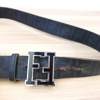 FENDI Belt Black Leather 38 FF Logo Buckle Zucca Initial Authentic Luxury ITALY • $188.88