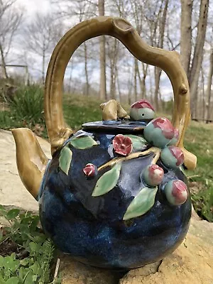 Majolica Style Pottery Tea Pot Cobalt Blue Applied Fruit Branch Handle • $26.95