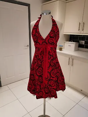 Cotton Club Red & Black Halter Neck Dress Size 12 A Line Skirt Lining & Lace • £14.99