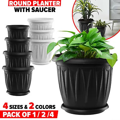 Plant Pots With Saucer Round Garden Flower Pot Modern Planter Indoor Outdoor • £5.99