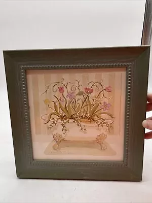 Signed C Winterle Olson Flower Claw Bathtub Planter Green Framed Painting 12x12 • $30