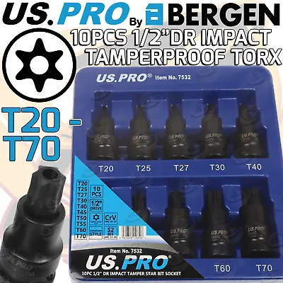 US PRO IMPACT TAMPERPROOF TORX BIT Sockets Set 1/2  Drive Impact Star T20 - T70 • £15.95