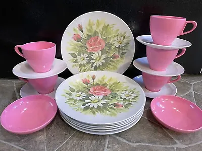 19 MELMAC Dinner Plates Cups Bowls DAISY ROSE FLORAL Prolon MELAMINE White Pink • $39.99