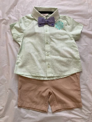 £23 • Buy Monsoon Baby BOY OCCASION SMART SHORTS & SHIRT DICKY BOW 6-12 Mths MINT WEDDING