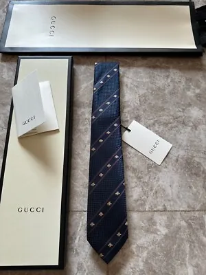 Gucci Midnight Blue & Red Silk Bee Web Tie 100% Silk Widest 2.75  NWT • $129.99