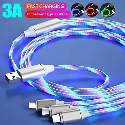 3 In 1 LED Light Up Charger Charging Cable USB Cord For Samsung IPhone Android • £5.99