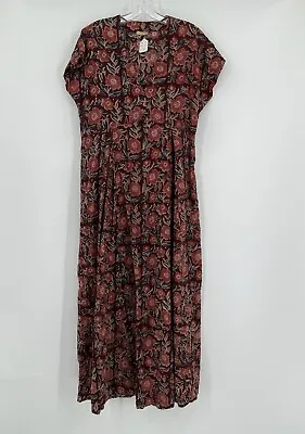 Matta Womens Brown Floral Cotton V Neck Cap Sleeve Midi Fit Flare Dress Sz M • $114.75