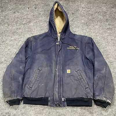 Vtg Carhartt Fire FR Canvas HRC Hooded Jacket Workwear Sz L Reg FRJ184 Distress • $75