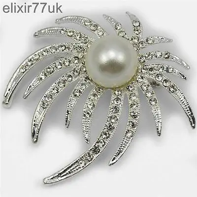 New Silver Flower Brooch Large Faux Pearl Diamante Crystal Wedding Party Broach • £6.45