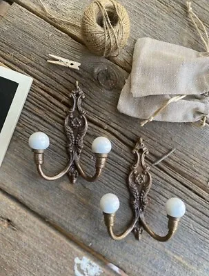 2 Vintage-Old-STYLE Brass Wall Mount Double Hooks W/ Porcelain Balls @ Hook Ends • $21.51