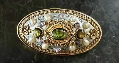 VINTAGE SIGNED MICHAL GOLAN OVAL Cabochon Gold Silver Tone  BROOCH PENDANT • $28