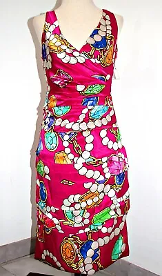 Boutique Moschino Jewel Print 100%Silk Satin Draped Dress  Fuchsia XS/IT 40 $850 • $249.99