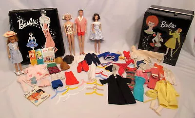 Vtg. Lot Of Mattel Barbie Dolls Midge Ken Two Black Vinyl Cases Accessories • $130.50