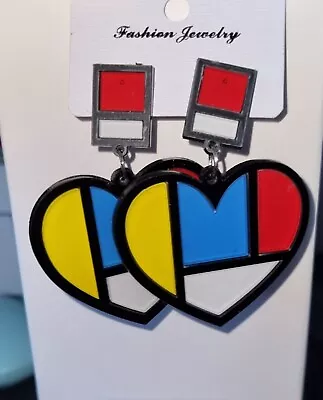 BRAND NEW STUNNING BRIGHT BLOCK RETRO STYLE HEART EARRINGS 1980s 80s RETRO • £8.99