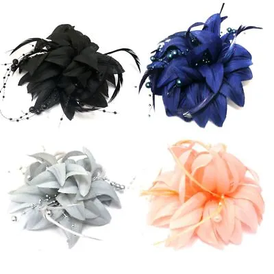 Ladies Hair Fascinator Fabric Flower Feathers & Pearl Beads Forked Clip Brooch • £4.17