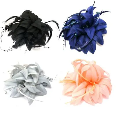 £3.92 • Buy Stunning Fabric Flower Fascinator With Feathers & Pearl Beads Forked Clip Brooch