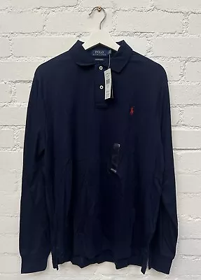 Polo Ralph Lauren LS Solid Custom Slim Interlocked Golf Polo Shirt Navy Large L • £0.99