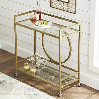 Gold Metal Glass Shelves Beverage Bar Geo Serving Cart Drink Tray Wine Cart • $197.90