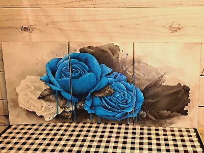 LevvArts 3 Piece Flower Canvas Wall Art Rose Floral Painting Decor Blue And Grey • $20