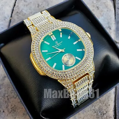 Men's Iced Luxury Green Dial Bling Gold Tone Lab Diamond Bracelet Wrist Watch • $28.99