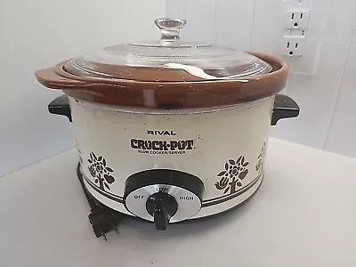 Vintage Rival Brown 4 Quart Crock-Pot - Floral Model 3154 Glass Lid - Tested • $39.95