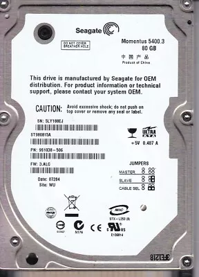 Seagate Momentus ST980815A 9S1038-506  5LY18 3.ALC WU 80GB IDE 2.5 5507 • $108.99