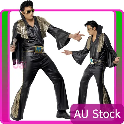 Mens Elvis Presley Black Gold Costume Rock And Roll 50s 1950s Rock N Star Outfit • $58.99