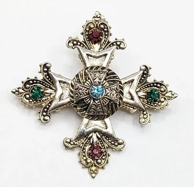 Vintage Maltese Cross Multicolor Rhinestone Metal Brooch Pin Pendant Loop • $26