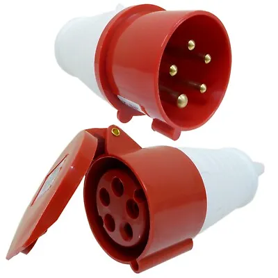 16 Amp 5 Pin Plug And Coupler 3 Phase 400V Weatherproof IP44 Red 16A Industrial • £13.95