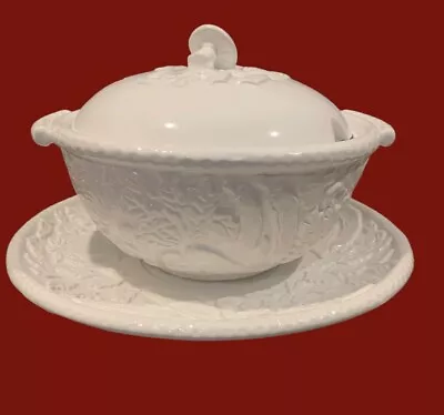 Soup Tureen With Lid & Platter White With Raised Veggie Pattern Porta Portugal • $34