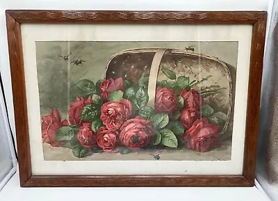 Antique Print Framed Basket Of Beauties Roses Bees Paul De Longpre (1855-1911) • $169