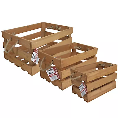 Wooden Crates Storage Rustic Store Display Home Kitchen Boxes With Rope Handles • £12.99