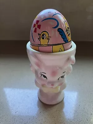 2 Vintage Easter Decorations Egg Cups Bunny With Tin Egg With Chicken • $20